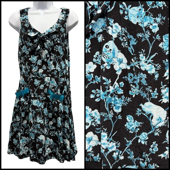Betsey Johnson Silk Skull Floral Bird Print Dress Black Blue Whimsigoth Y2K SZ 8 - Picture 1 of 12